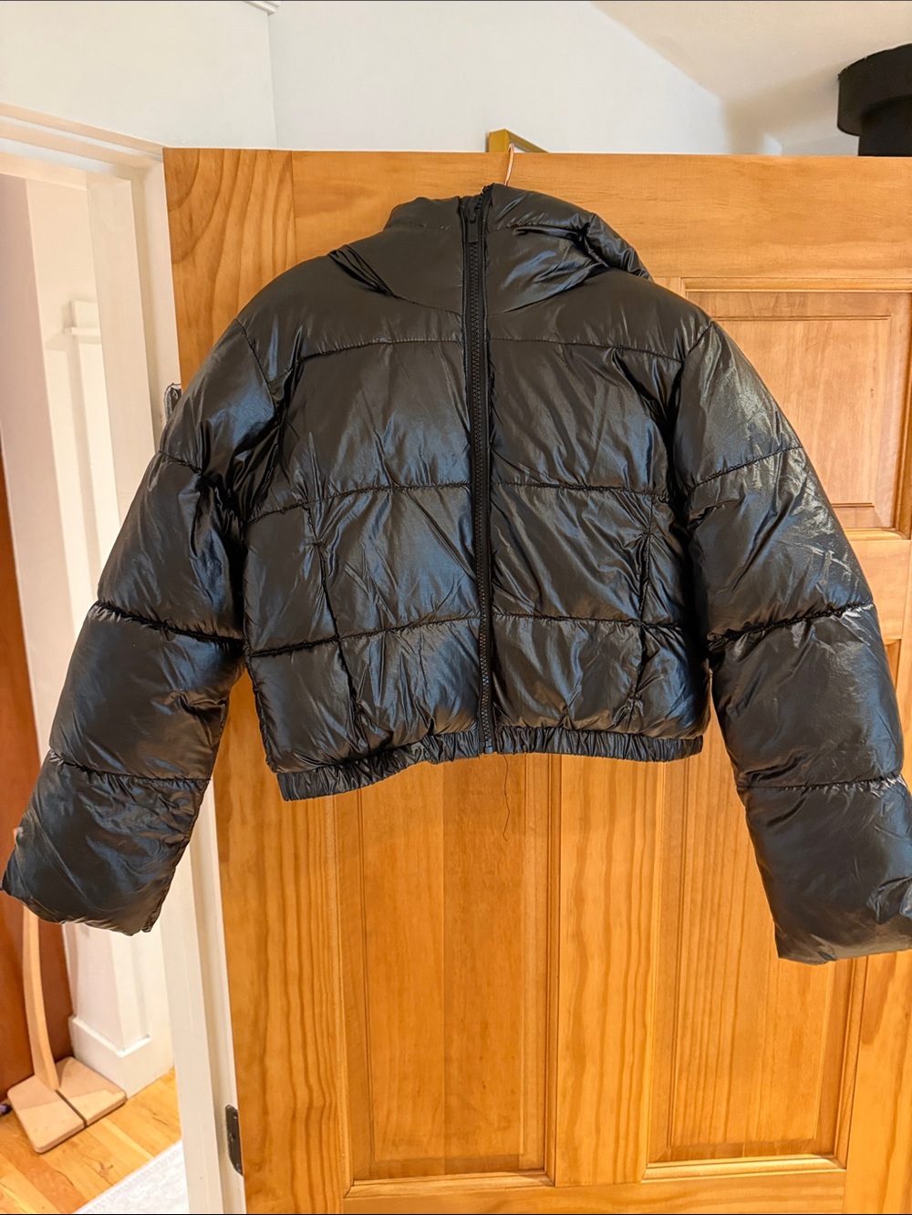 all in motion Shiny Black Cropped Puffer Jacket with Hood